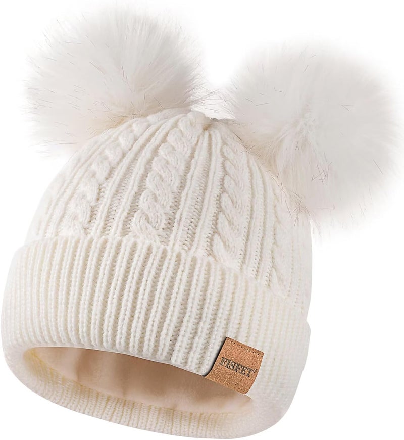 FISFET Beanies Women with Double Pom Pom, Winter Hats for Women Cold Weather Warm Knit Fleece Lined, Cute Beanie Cap - Image 1